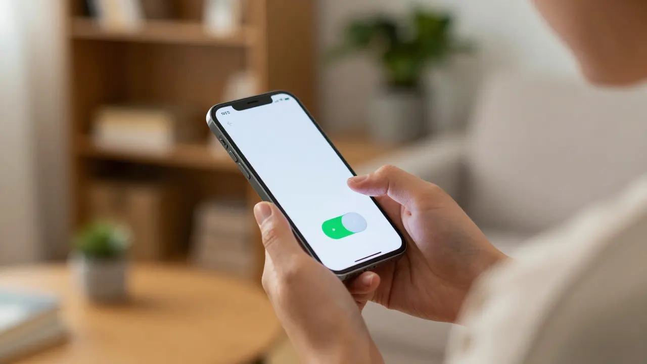 Hand turning off a smartphone feature toggle in a cozy home, demonstrating easy digital control.