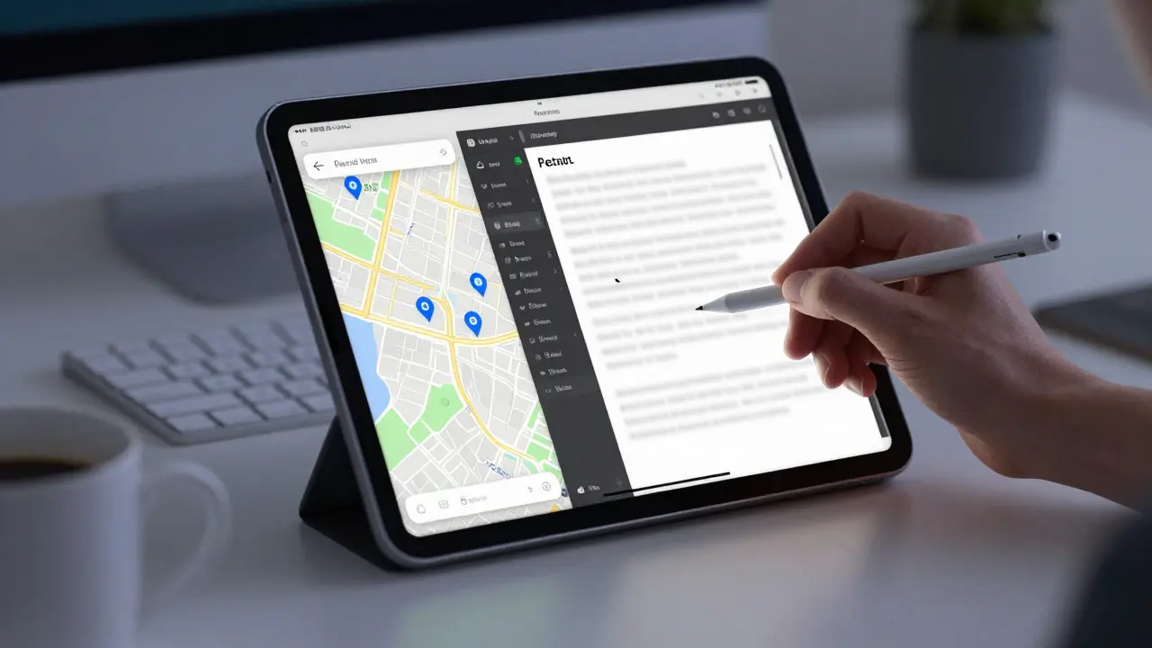 Hand using Apple Pencil on an iPad running two apps side-by-side in Split View mode