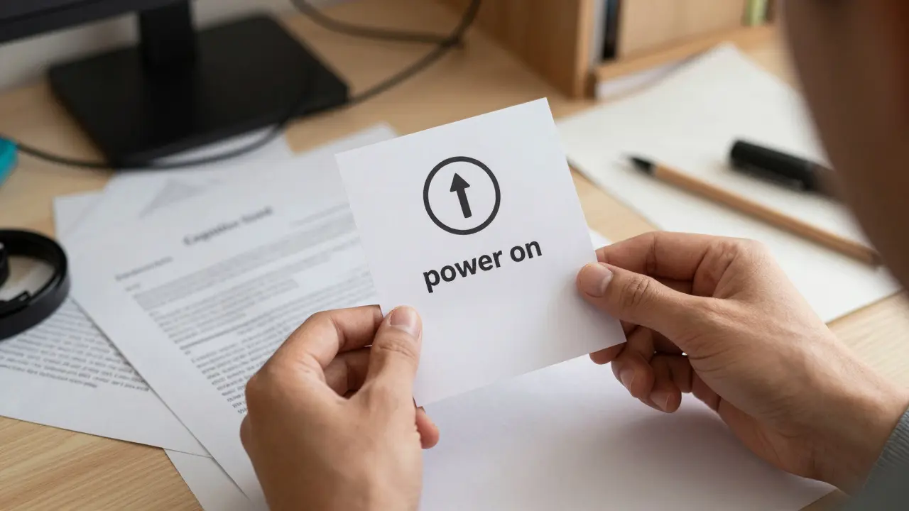 Hands holding a simple instruction leaflet over a cluttered desk, highlighting clarity