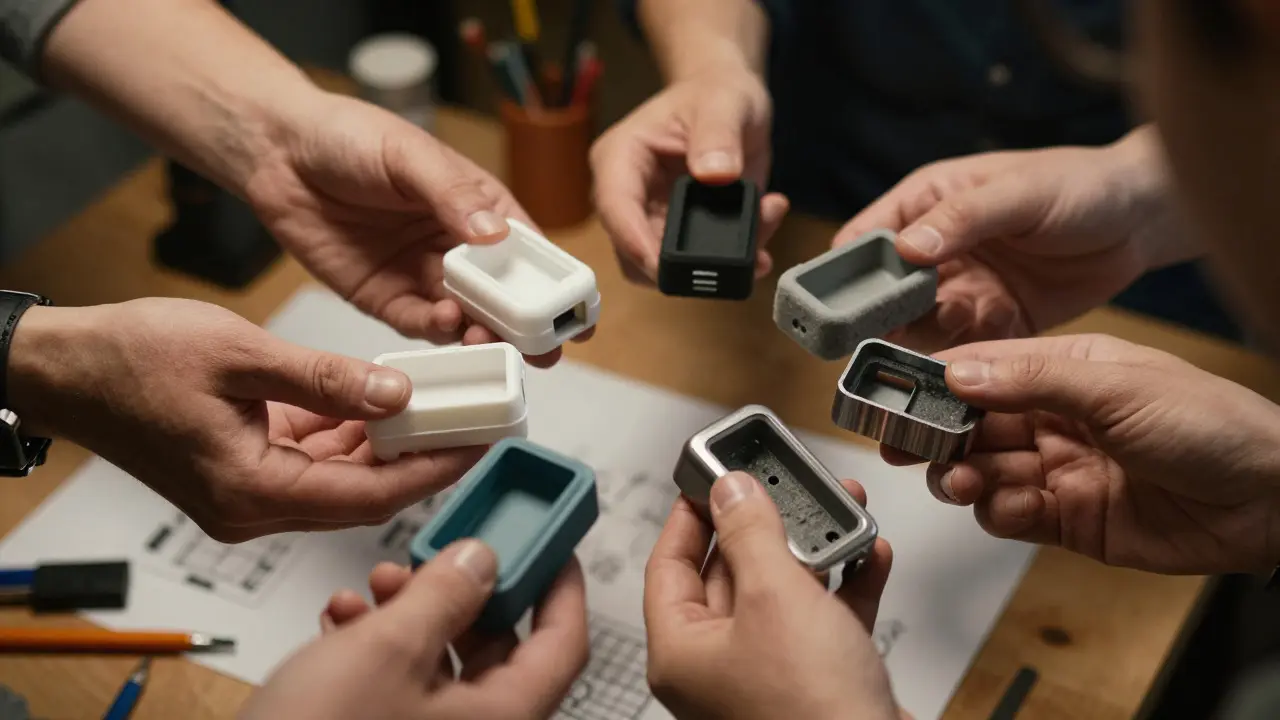 Hands holding various rough material prototypes of an electronic device case in a workshop setting