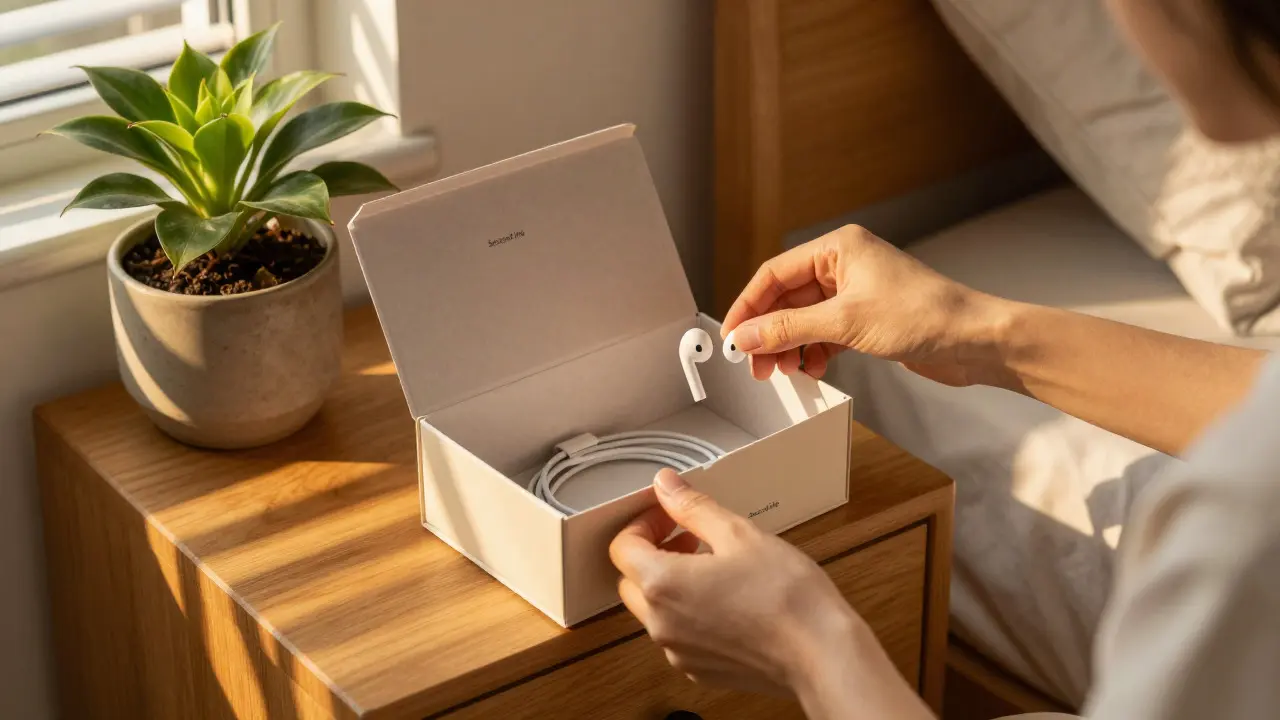 Hands organizing cables in a repurposed packaging box on a nightstand