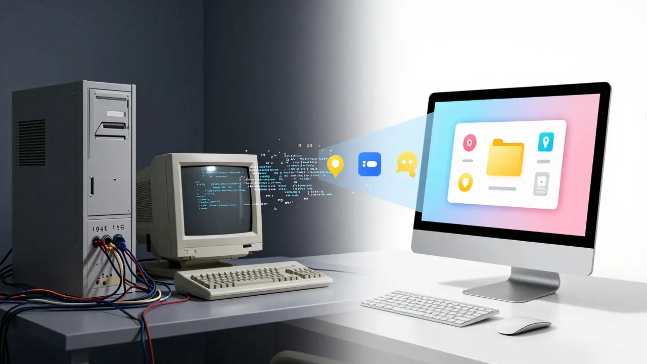 Illustration comparing old modular PCs to modern all-in-one computers