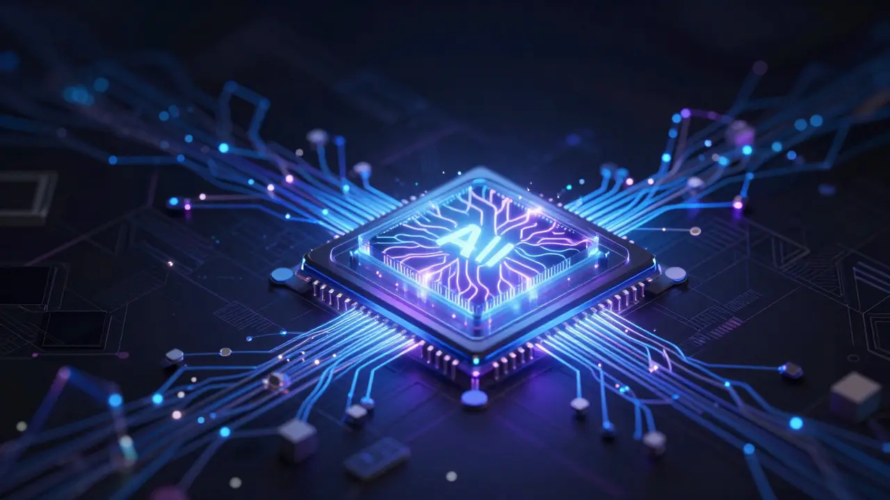Illustration of a smartphone chip with internal neural lights, showing data staying local for privacy.