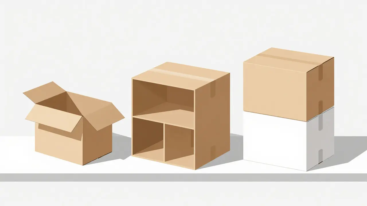 Illustration showing a flat box transforming into a stackable storage cube