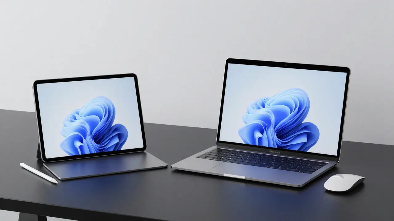 iPad and MacBook displaying matching liquid glass interfaces on a desk