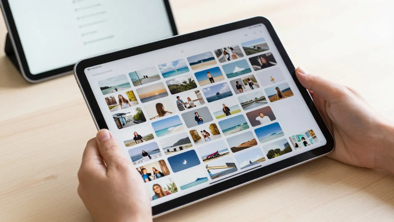 iPad displaying a multi-pane photo gallery next to a smaller device with a simple grid