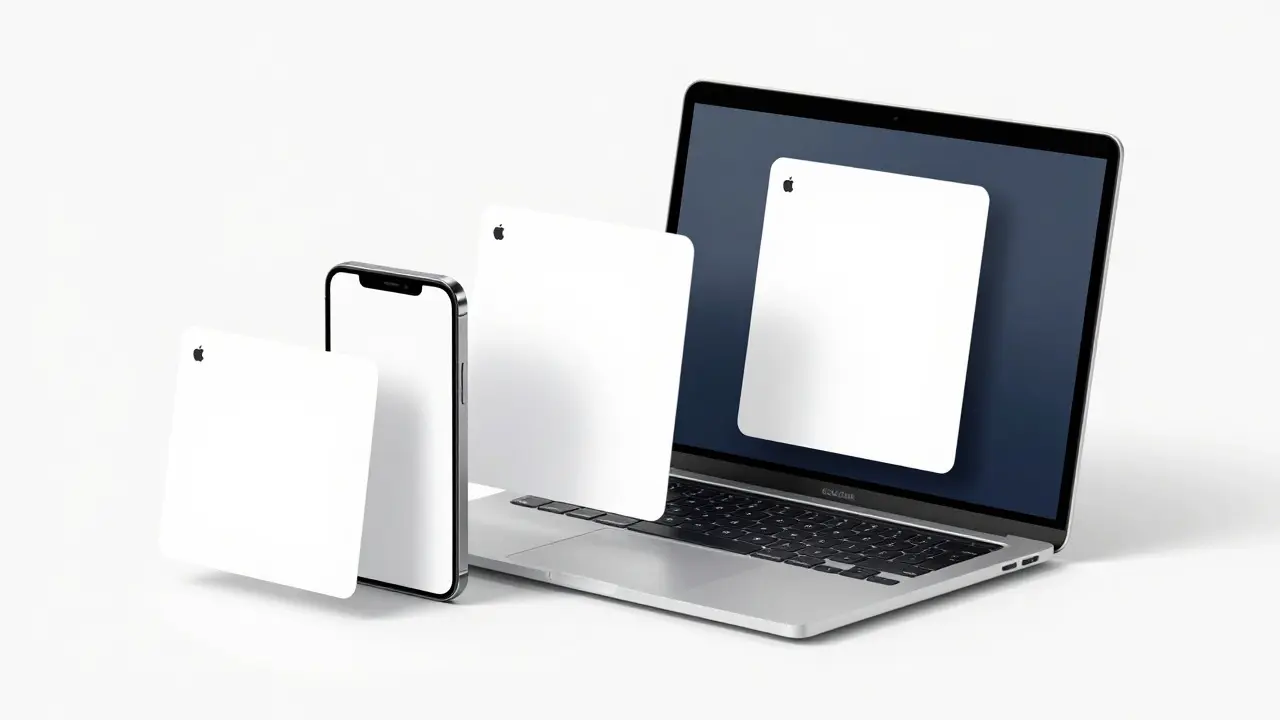 iPhone, iPad, and MacBook displaying consistent translucent interface elements on a white surface