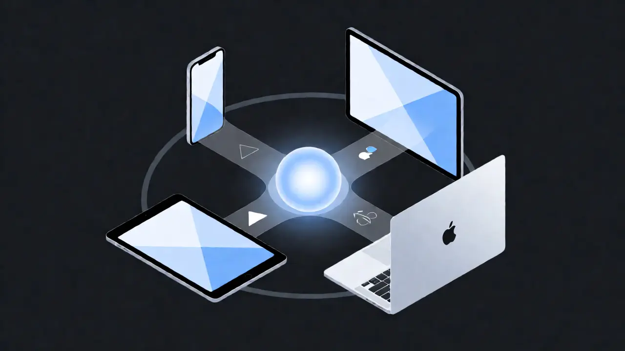 Isometric illustration of Apple devices connected by glowing data streams representing Continuity.