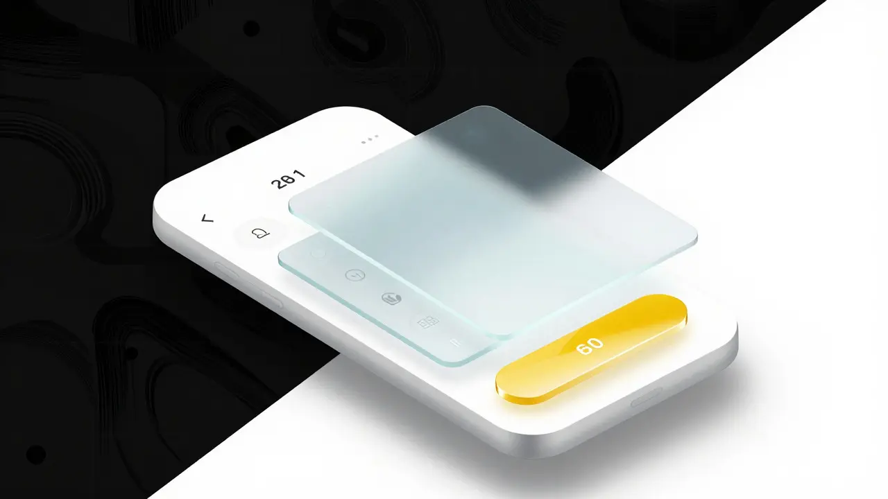 Isometric illustration of layered glass UI elements demonstrating dynamic contrast and depth hierarchy