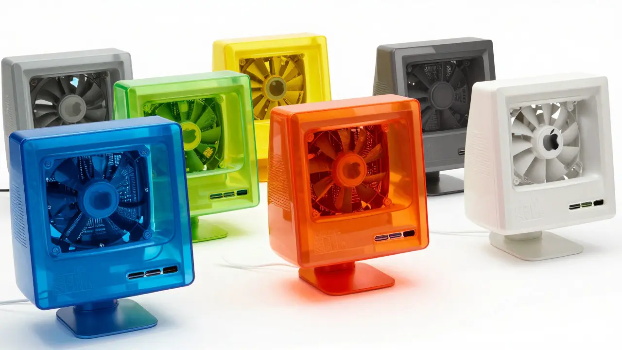 Lineup of colorful translucent iMac G3 computers in blue, green, orange, and white on a white surface