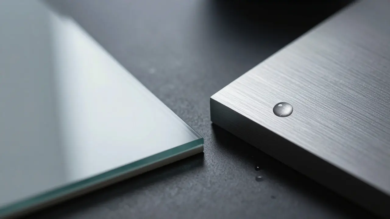 Macro comparison of smooth ceramic glass and textured anodized aluminum surfaces on a dark desk