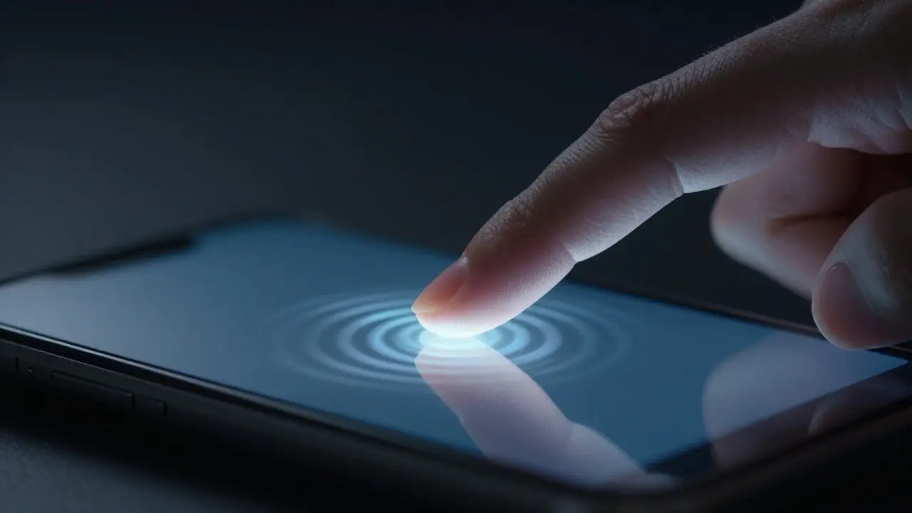 Macro shot of a finger touching a screen with a glowing ripple representing haptic feedback