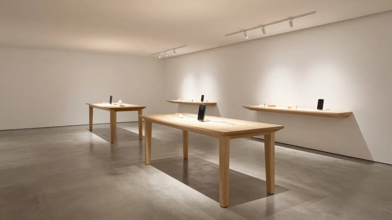 Minimalist retail space with spotlit products displayed on floating wooden tables