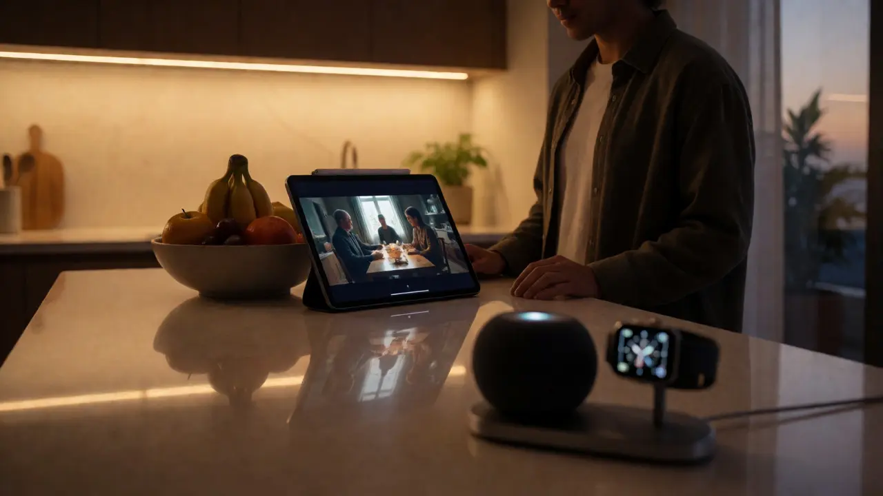 Modern kitchen scene with iPad, HomePod, and Apple Watch indicating seamless home media integration.