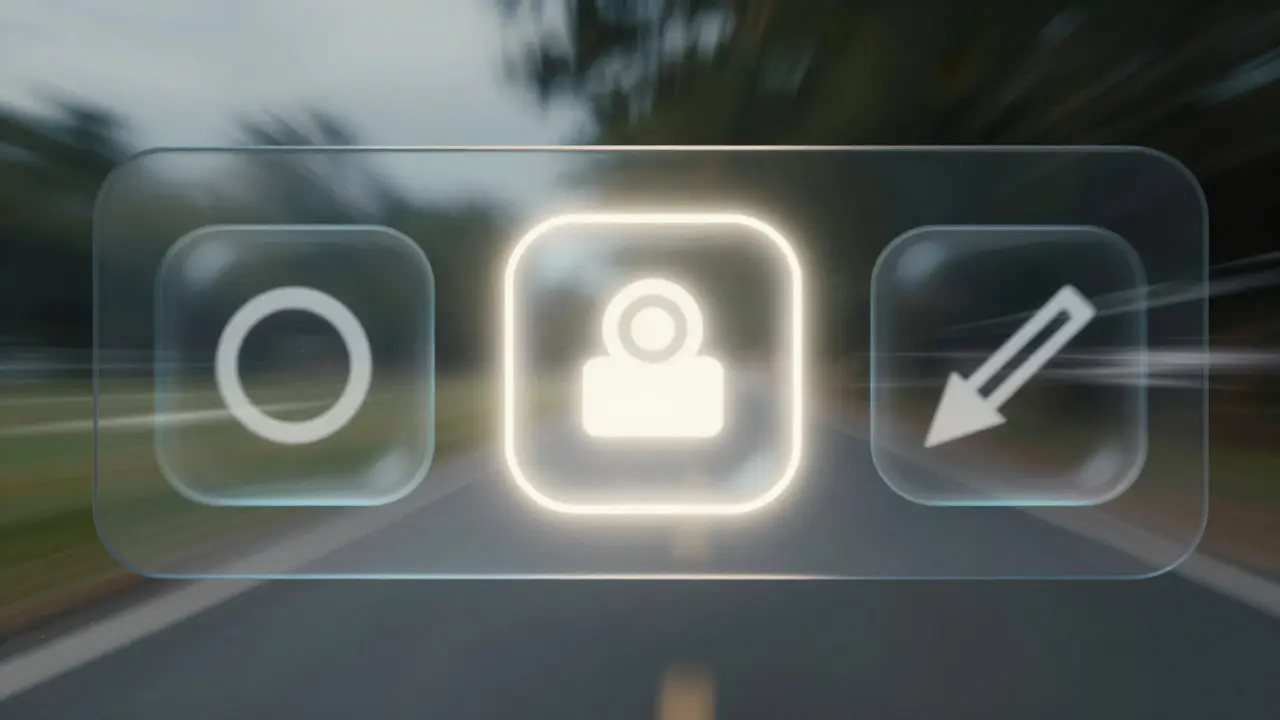 Motion-blurred glass navigation icons demonstrating dynamic highlights and parallax effects