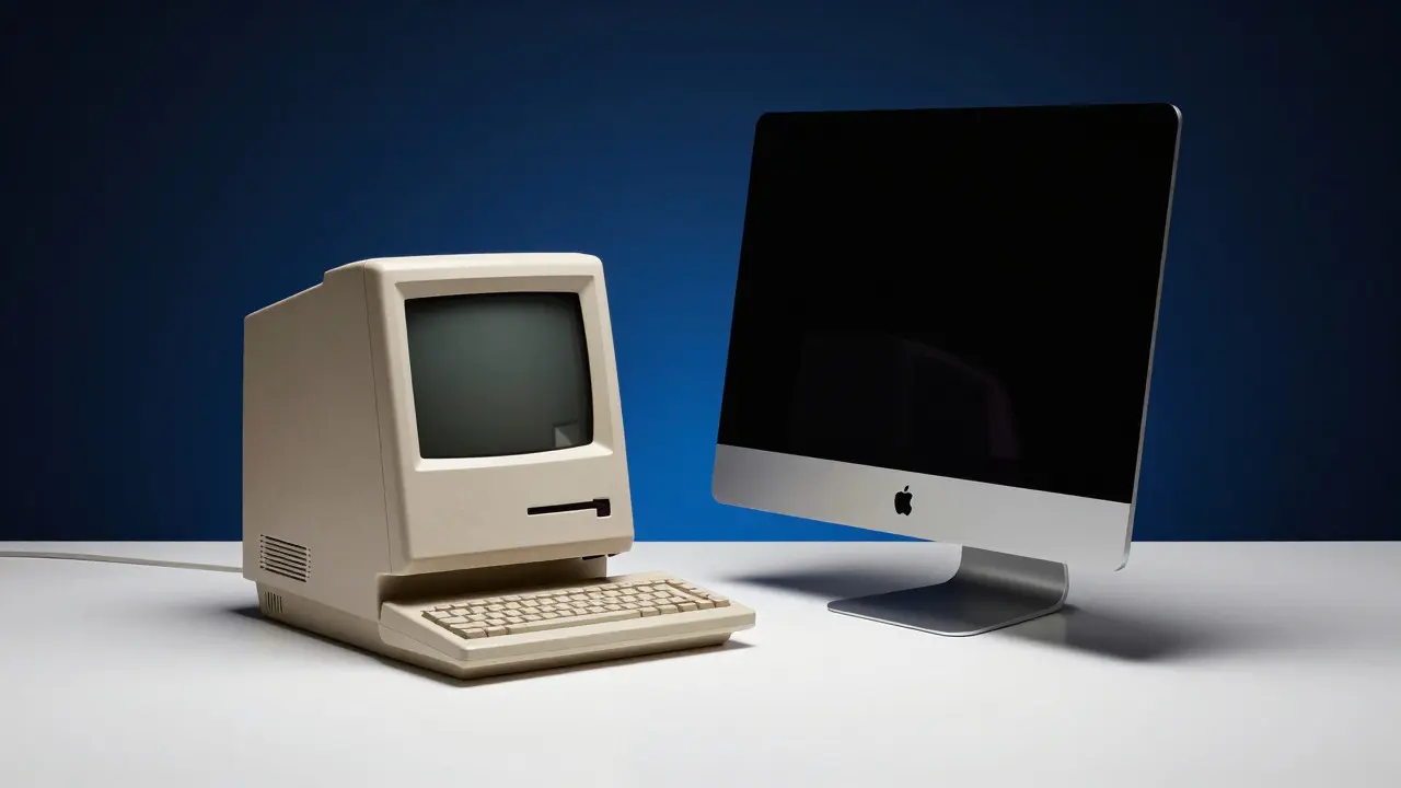 Original Macintosh 128K and modern iMac M3 displayed side by side