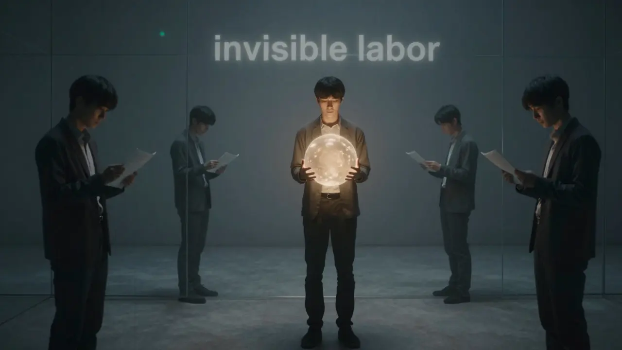 Person holding a glowing orb in a glass room, representing the hidden mental effort of verifying AI