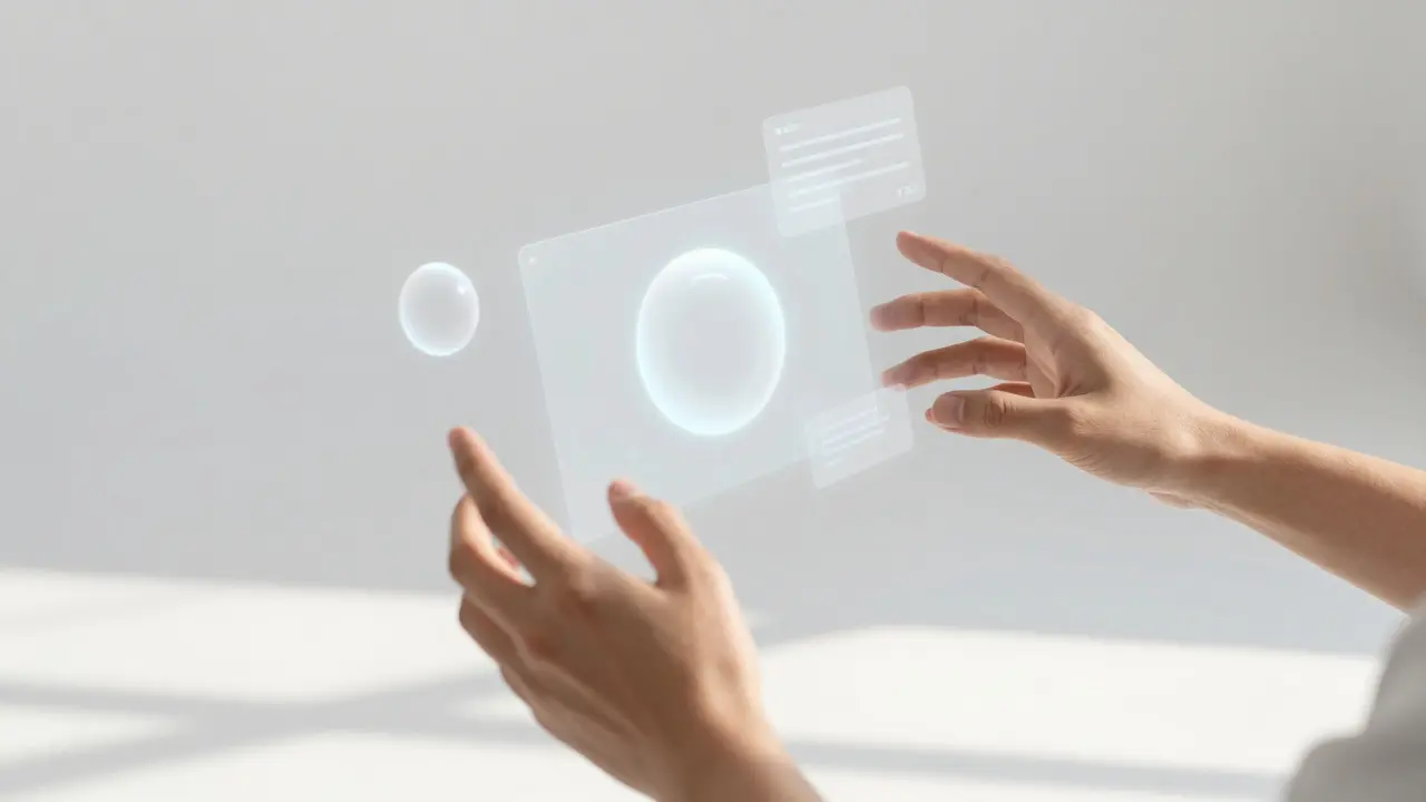 Person manipulating floating holographic objects in mid-air with open hands in a bright studio