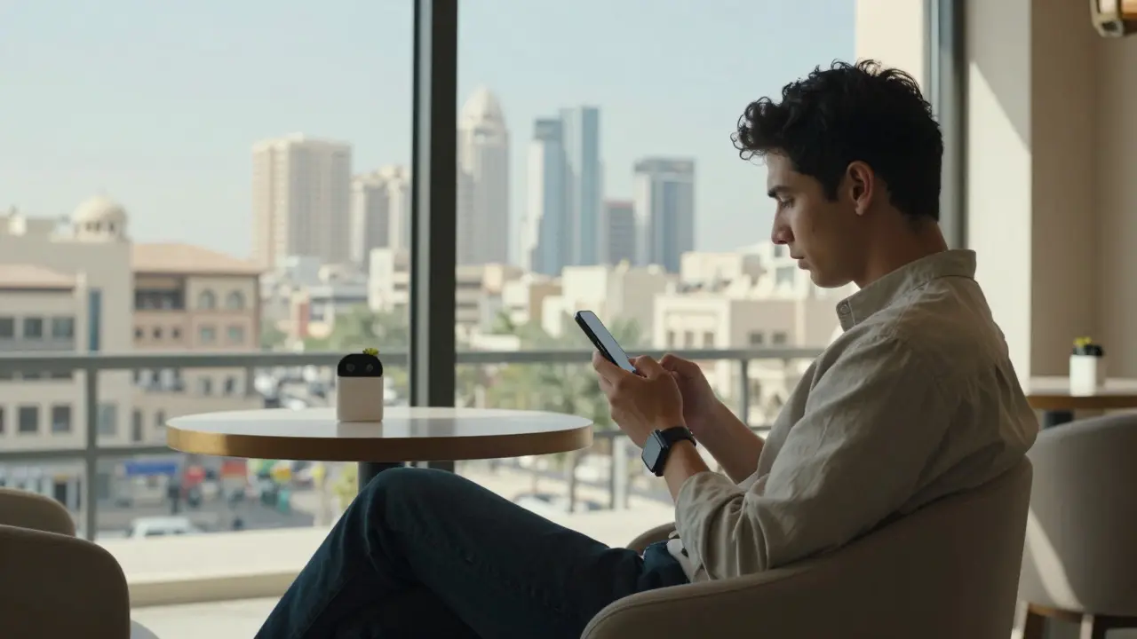 Person relaxing in a modern cafe while using a smartphone