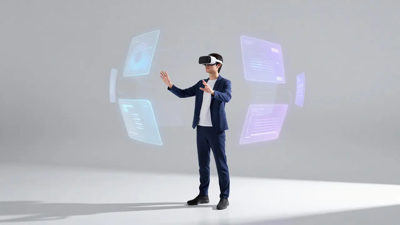 Person using AR glasses to interact with floating holographic interface elements in a studio