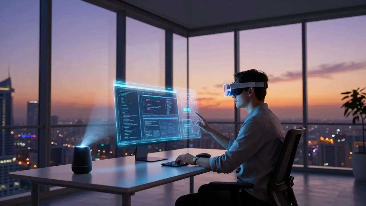 Person using AR headset in a modern office with projected interfaces