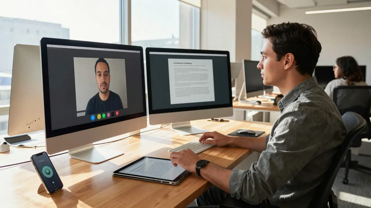 Professional in a modern office using multiple Apple devices for a unified workflow