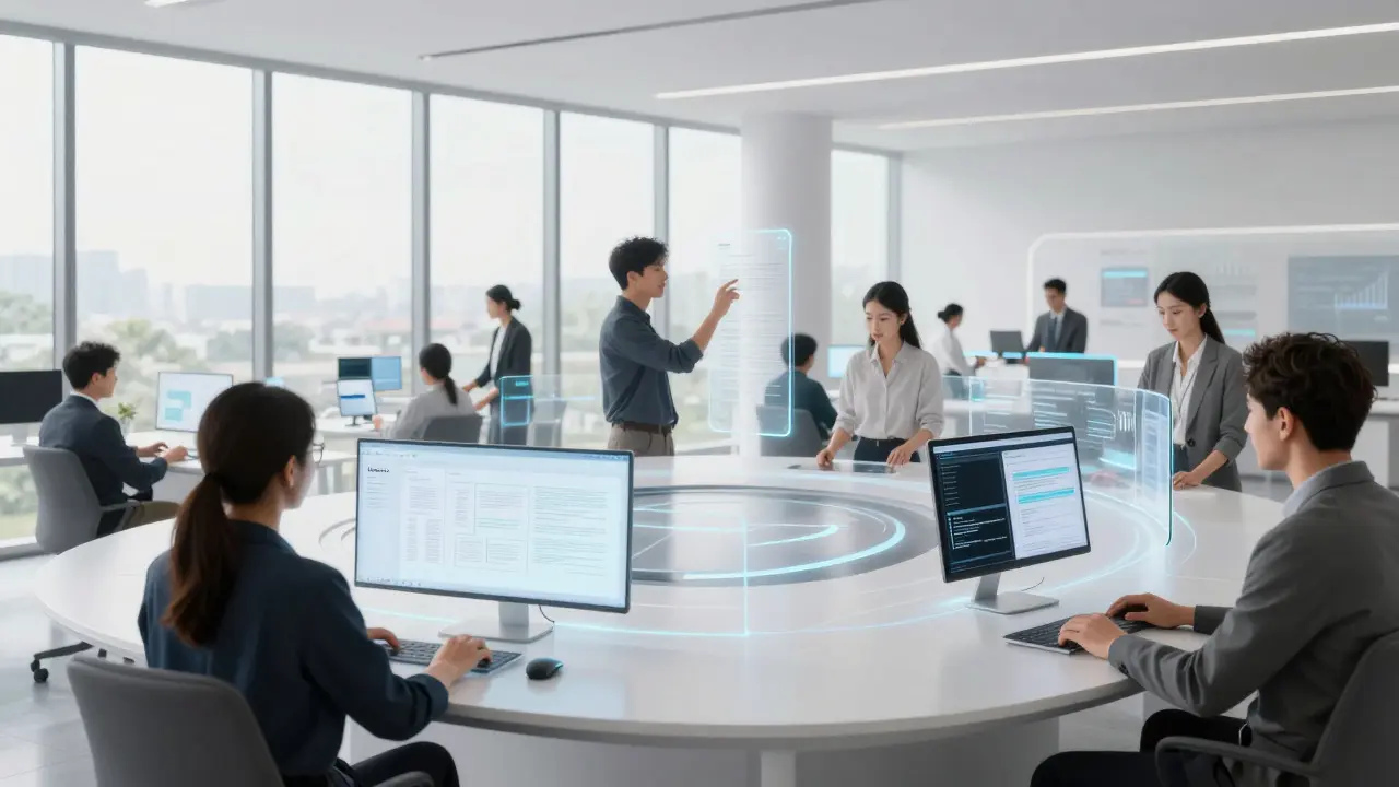 Professionals interacting with ambient AI interfaces in a bright, modern office