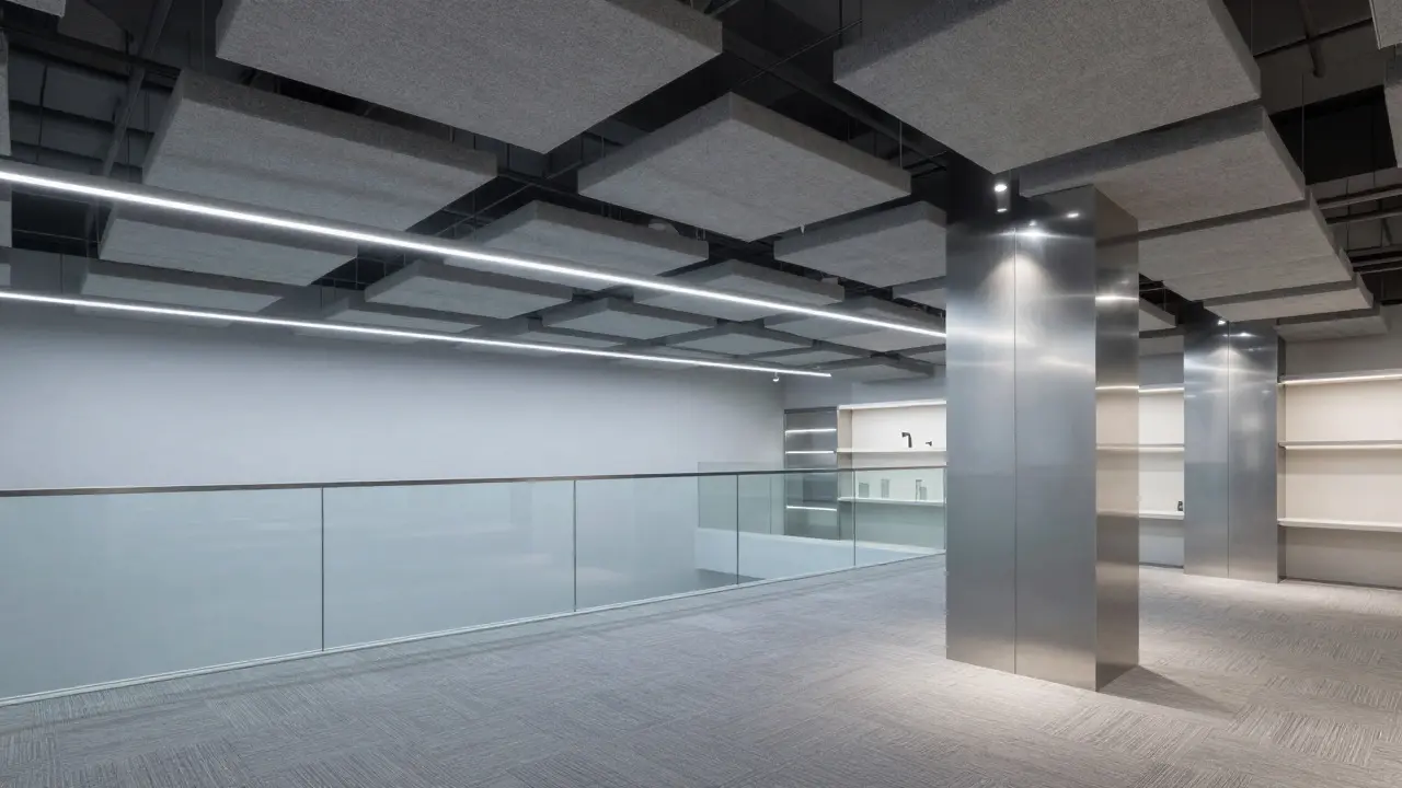 Retail space showing acoustic panels and soft lighting integrated with glass and metal surfaces