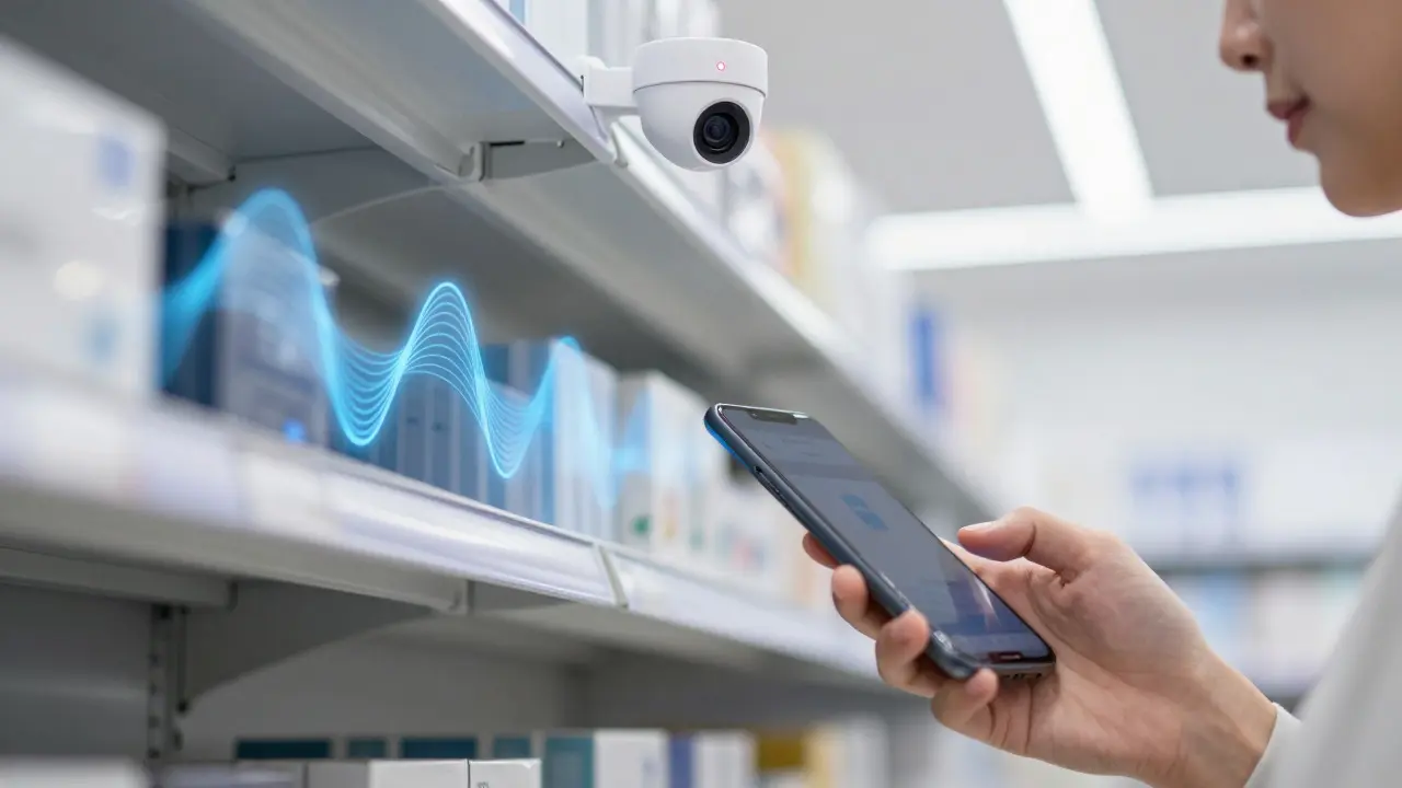 Shopper's phone interacting with invisible RFID sensors and ceiling cameras in a retail aisle