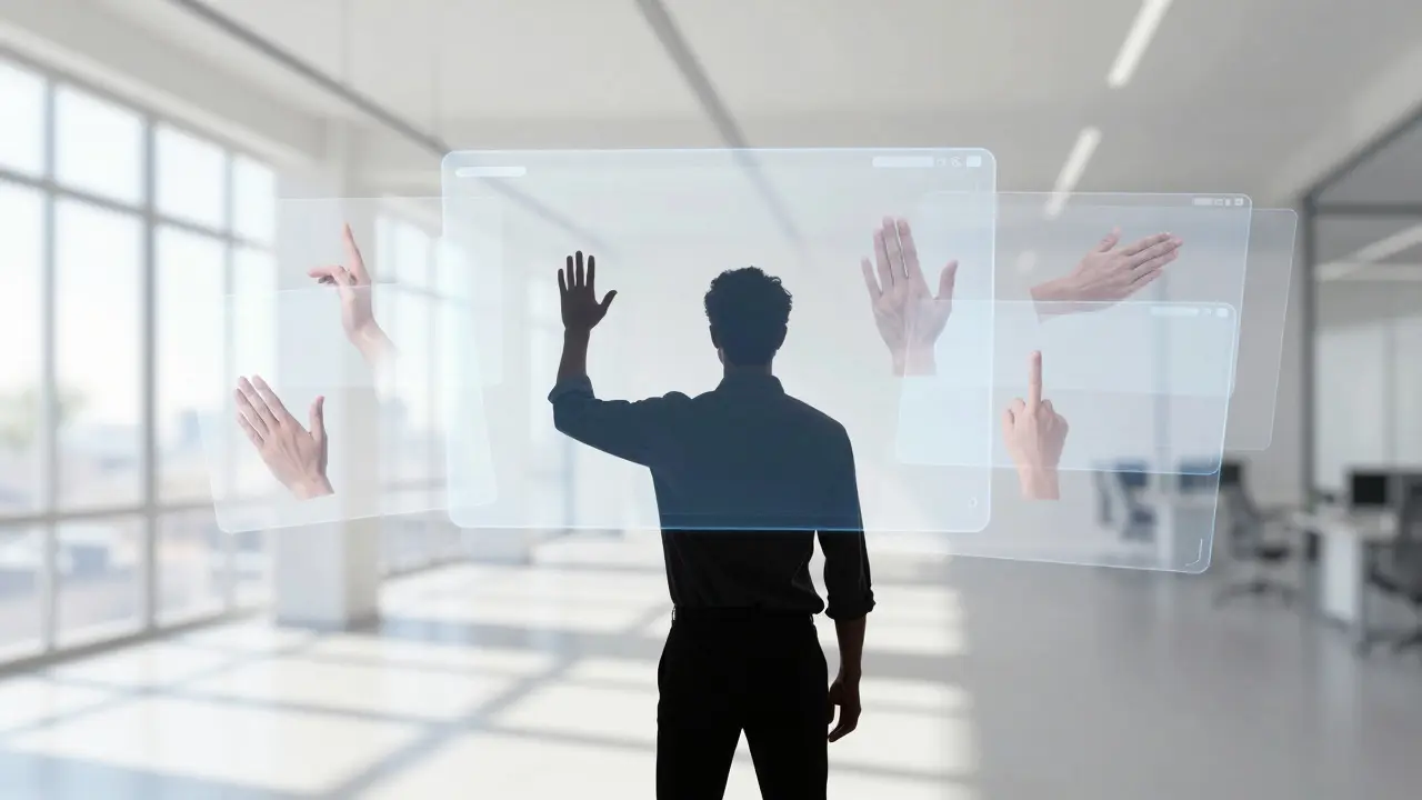 Silhouette of a person interacting with multiple floating screens showing consistent gesture patterns.