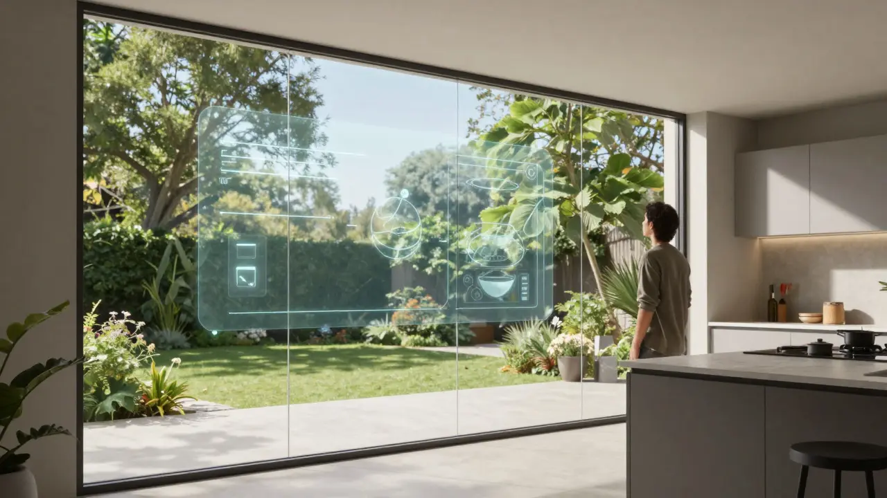 Smart glass window in a kitchen displaying a faint, ambient recipe projection