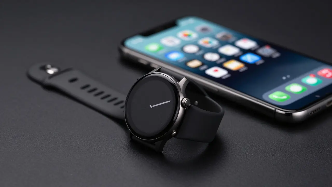 Smartwatch next to a blurred smartphone screen highlighting size and power differences