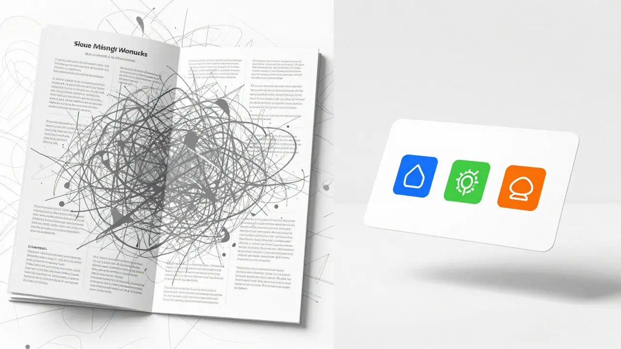 Split image contrasting a chaotic dense manual with a clean, icon-focused minimal card