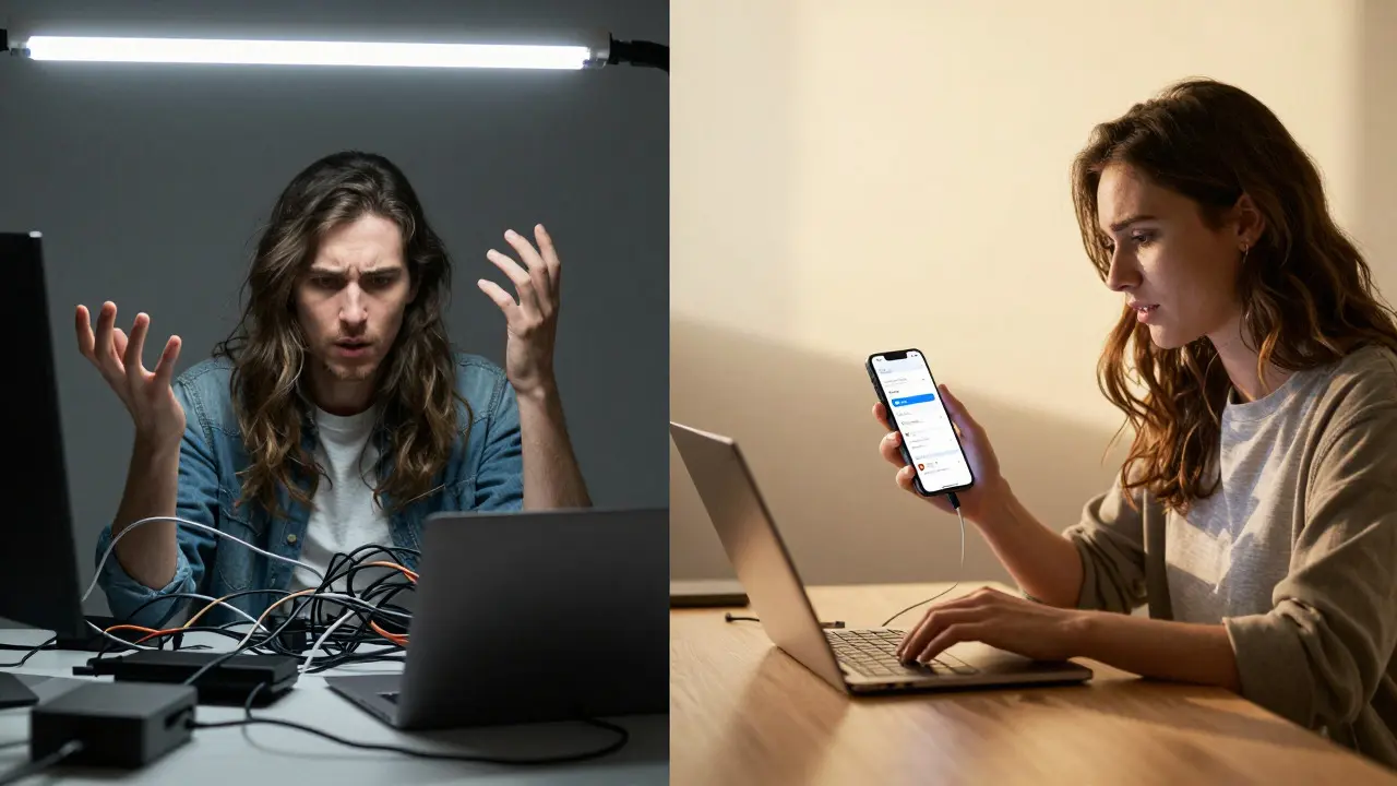 Split image contrasting a chaotic tech setup with a seamless, warm workflow