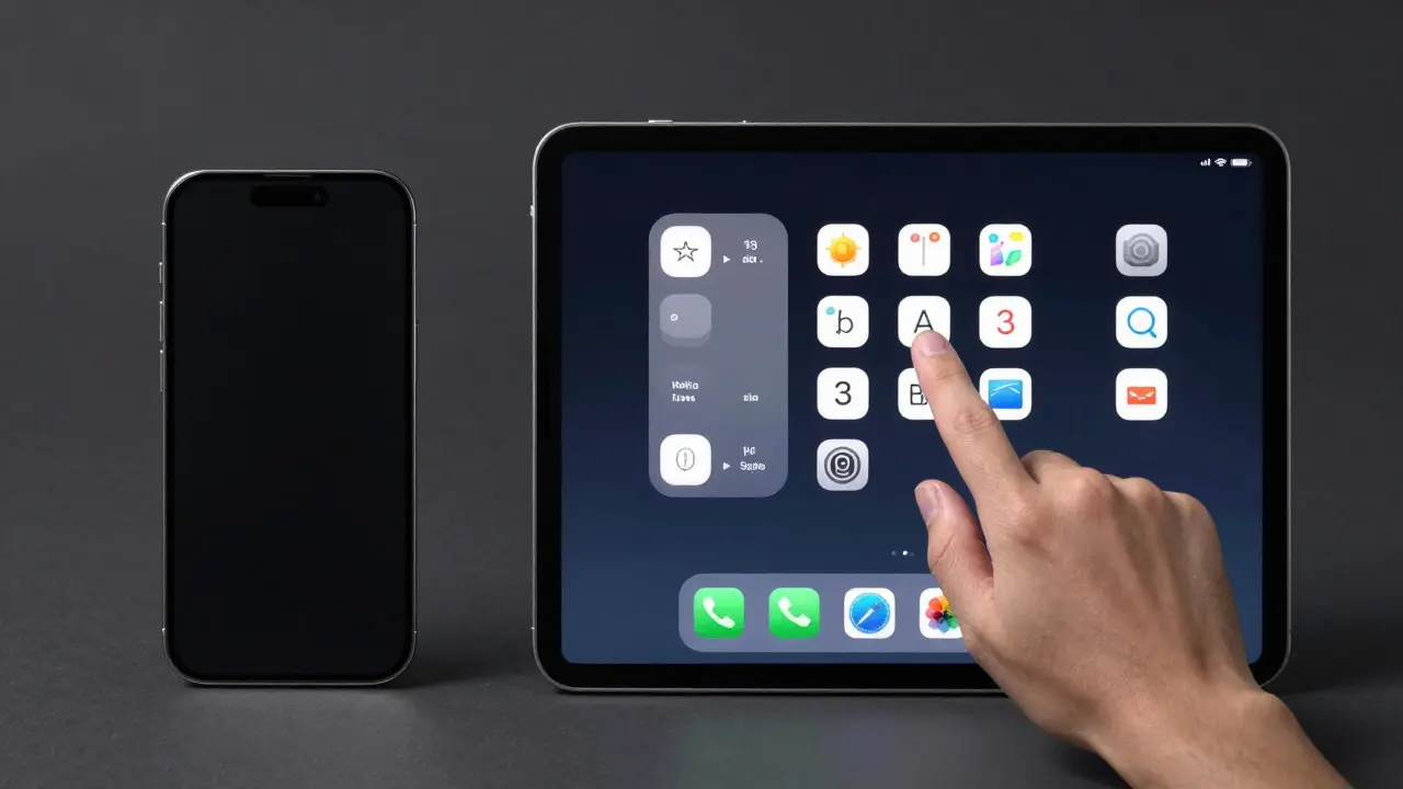Split view comparing a cramped phone tab bar with a spacious tablet toolbar