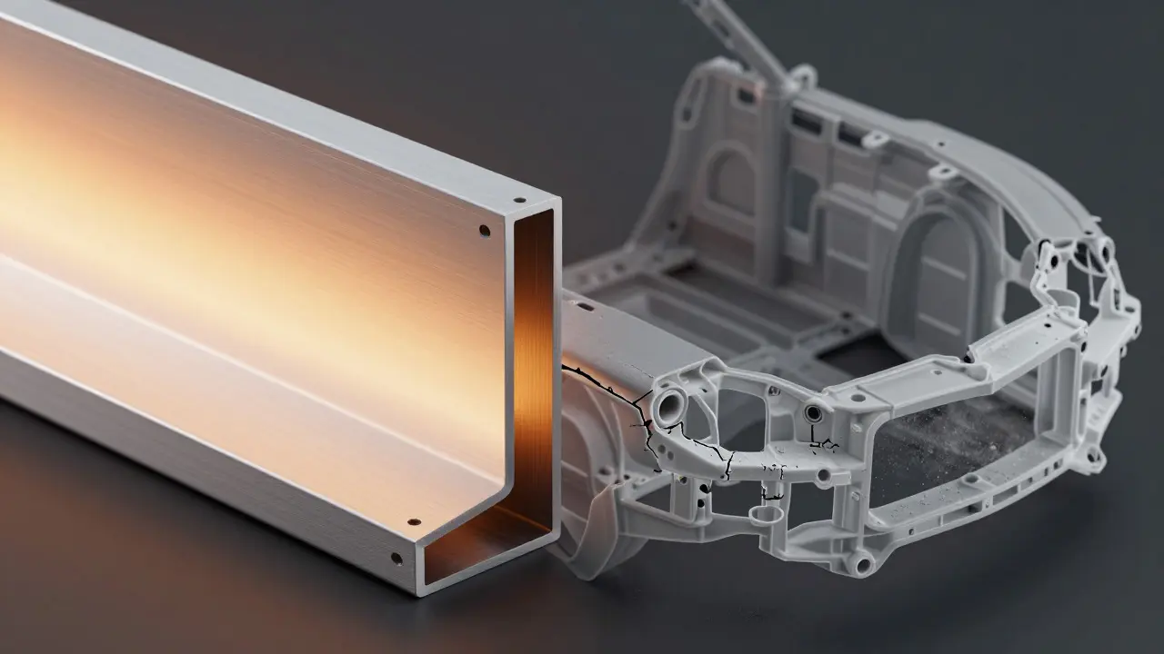 Split view comparing durable aluminum frame against cracked plastic chassis