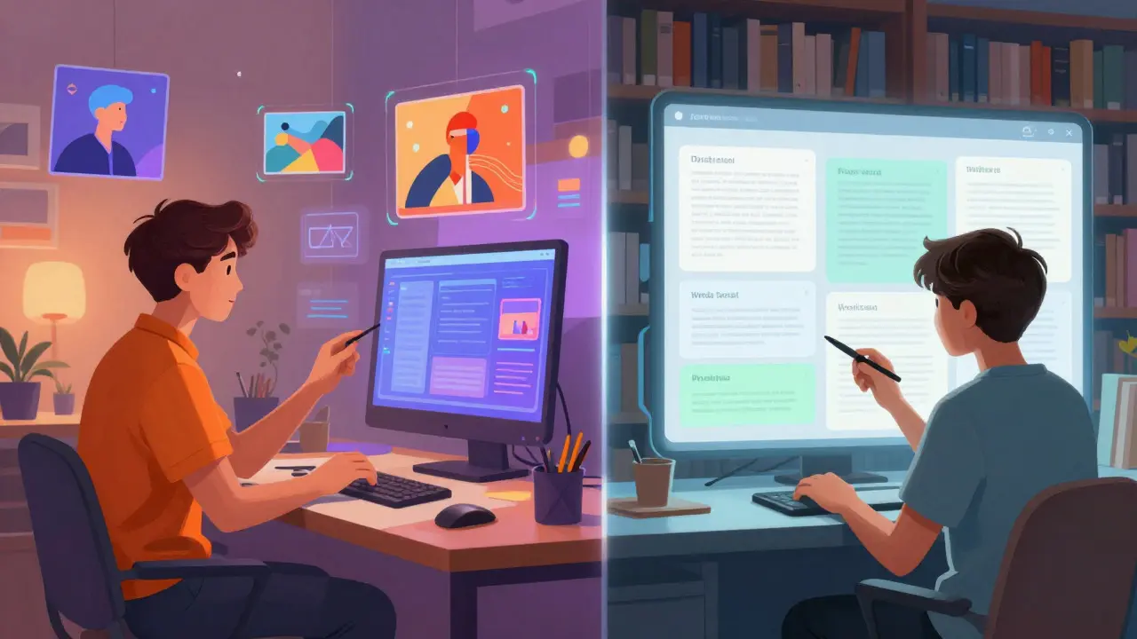 Split view of a creative professional and a student using different AI tools for their needs