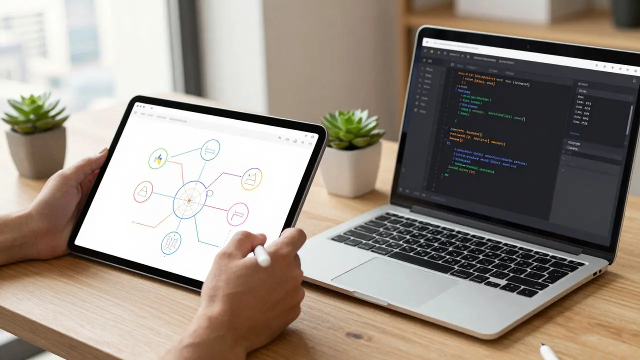 Split view of a designer using a tablet and a developer coding in a modern UAE office