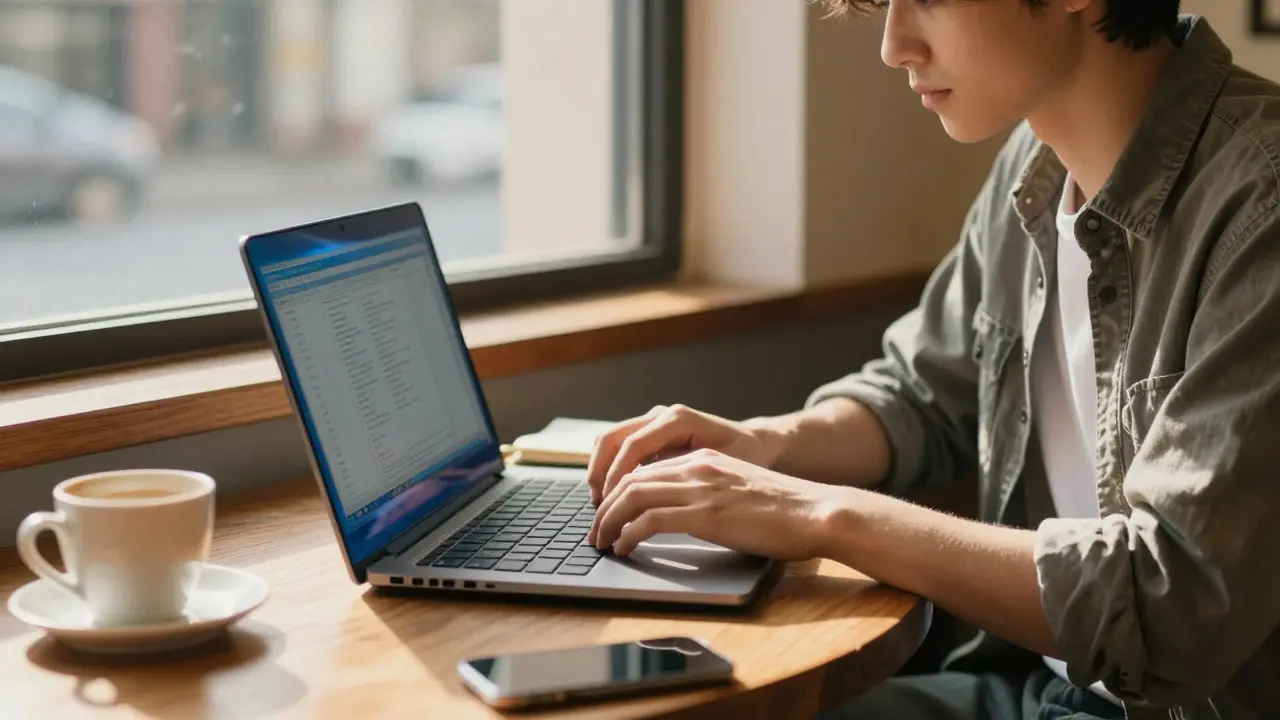 Student using a blue iBook G3 laptop in a sunny cafe setting