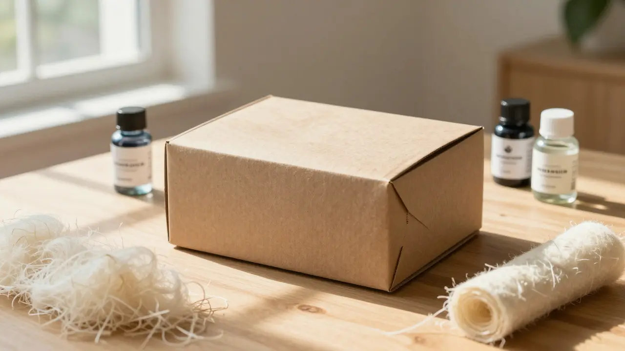 Sustainable kraft paper box displayed alongside raw pulp materials