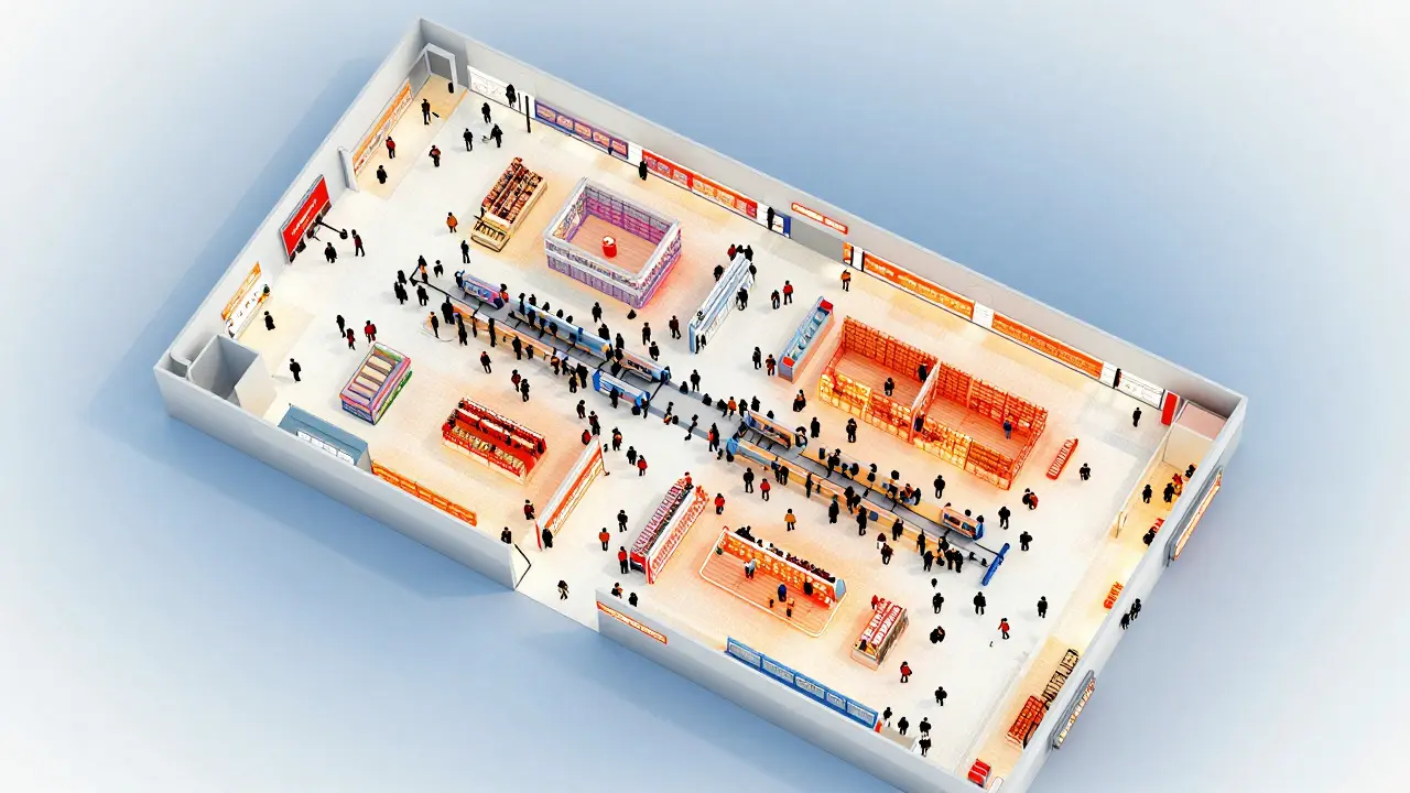Top-down view of a retail floor plan with heat map overlays indicating traffic density.