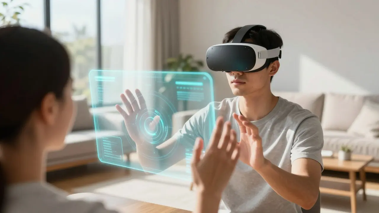 User wearing a mixed-reality headset interacting with floating 3D interfaces