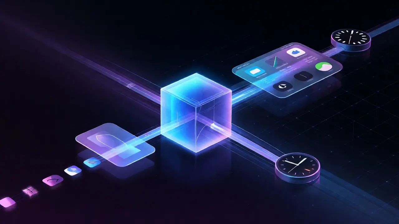 Abstract visualization of a single code source adapting into various widget shapes for different devices.