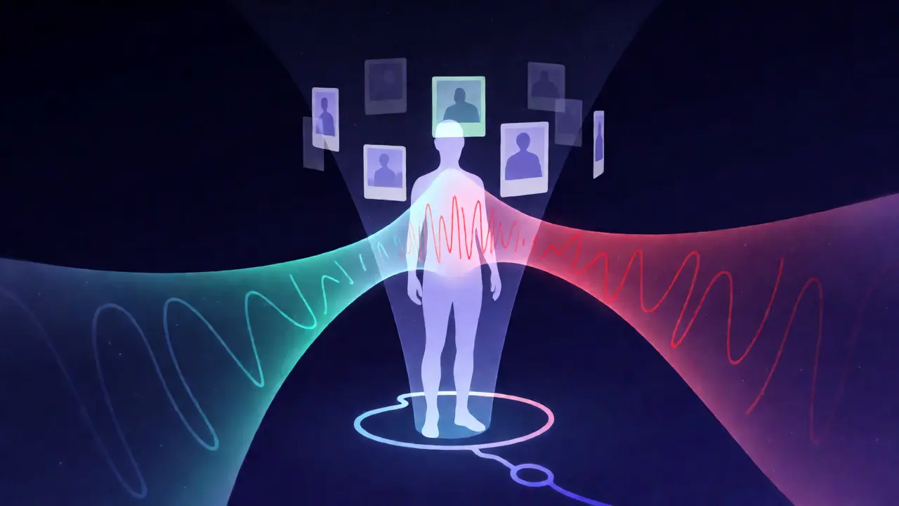 Abstract visualization of contextual data access for location, photos, and health.