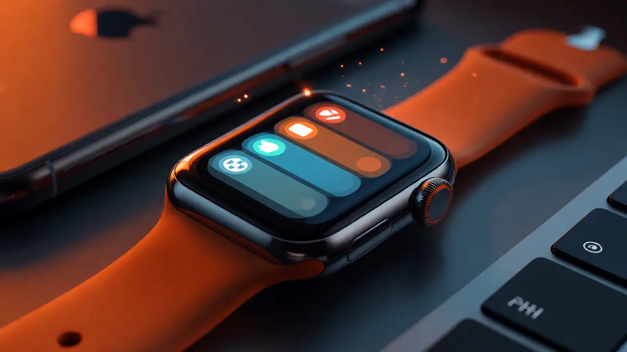 Apple Watch displaying stacked notifications with blurred devices behind