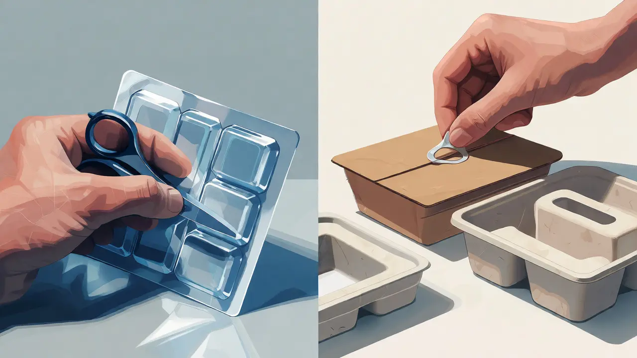 Artistic comparison of difficult plastic packaging versus easy-accessible paper tabs.