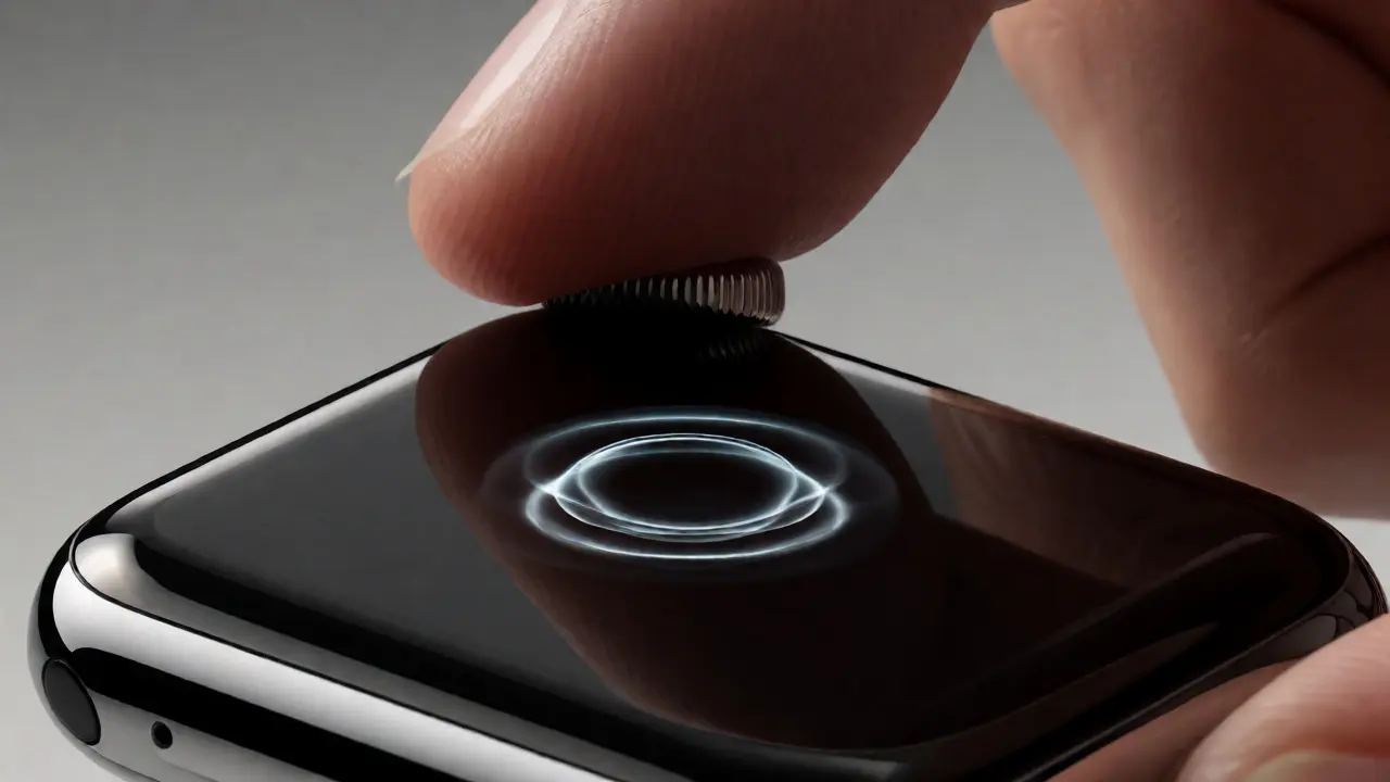 Close-up of a finger turning the Apple Watch Digital Crown