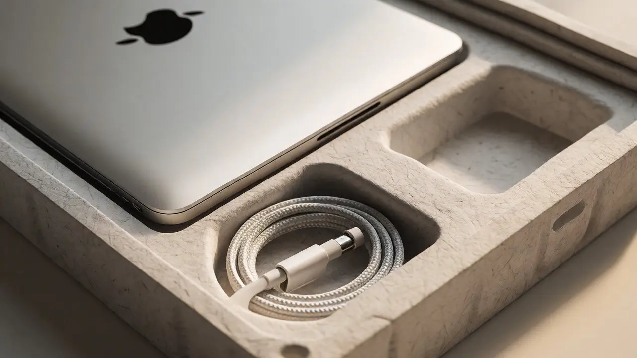 Close-up of MacBook inside molded fiber tray with organized cables