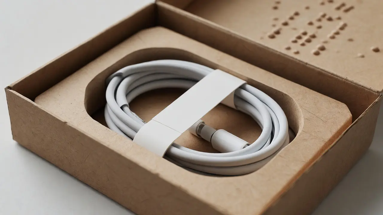 Close-up of molded fiber tray and paper-wrapped cable inside an open box.