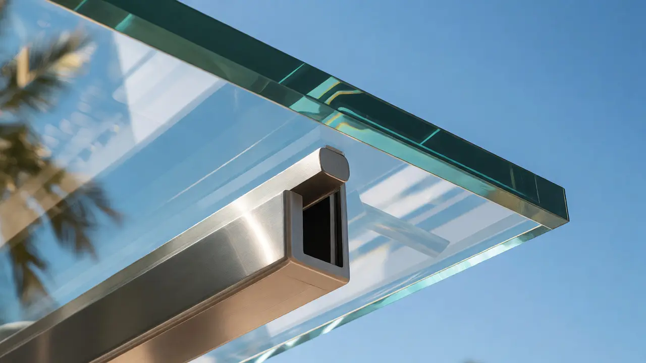 Close-up of sleek glass and steel canopy edge reflecting the blue sky.